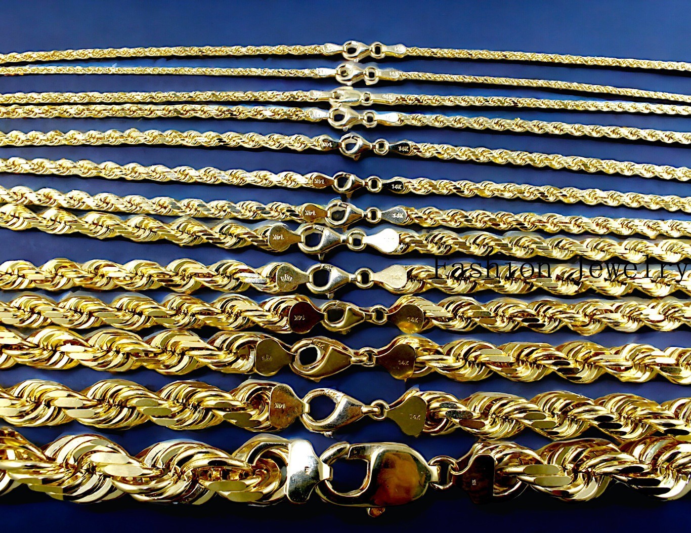 14K Yellow Gold Rope Chain Necklace Diamond Cut Real Gold 1mm-10mm 16″-30″