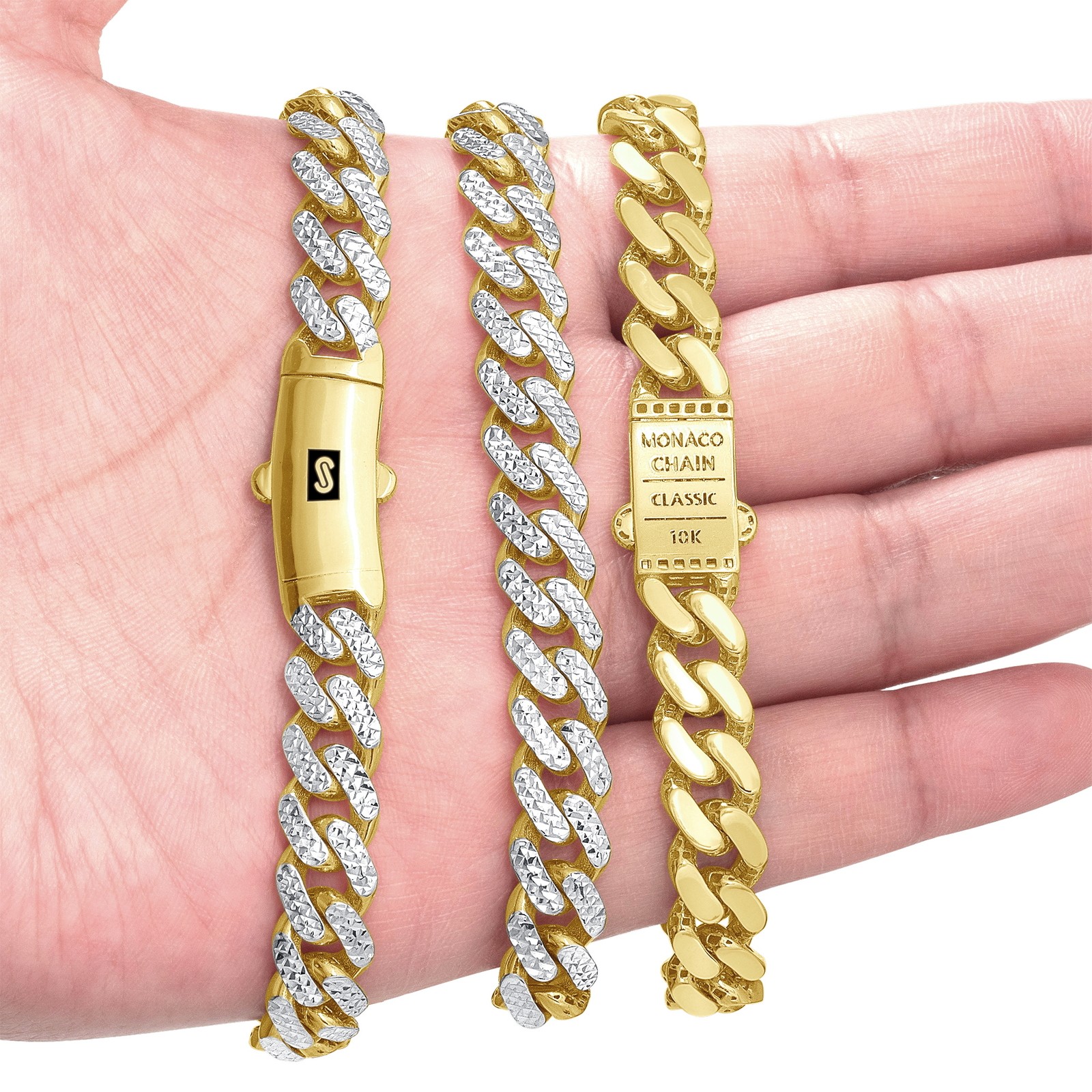 10K Yellow Gold Miami Cuban 9mm Monaco Diamond Cut Pave Chain Bracelet 7″- 9″