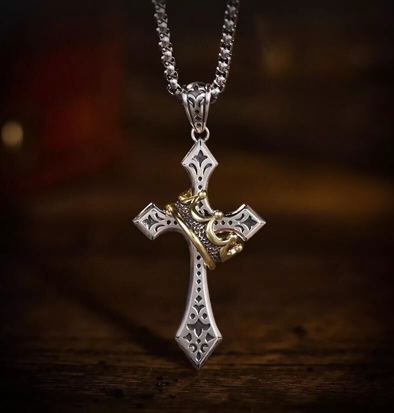 Mens Stainless Steel Cross Necklace with Gold Crown Pendant Christian Jewelry