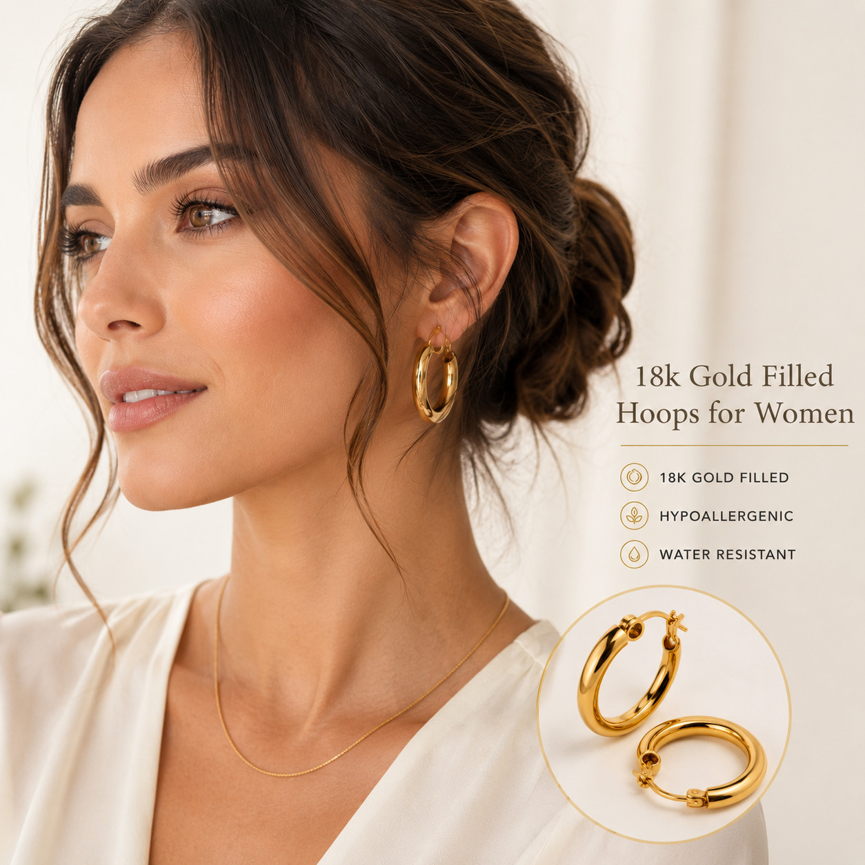 18k Gold Filled Hoops, everyday wear, waterproof, earrings for women