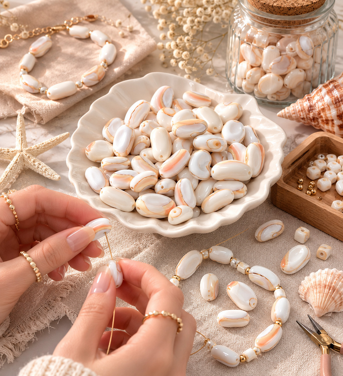 Natural Shell Beads Mix 150pcs White Peach DIY Jewelry Making 5-15mm 1mm Hole