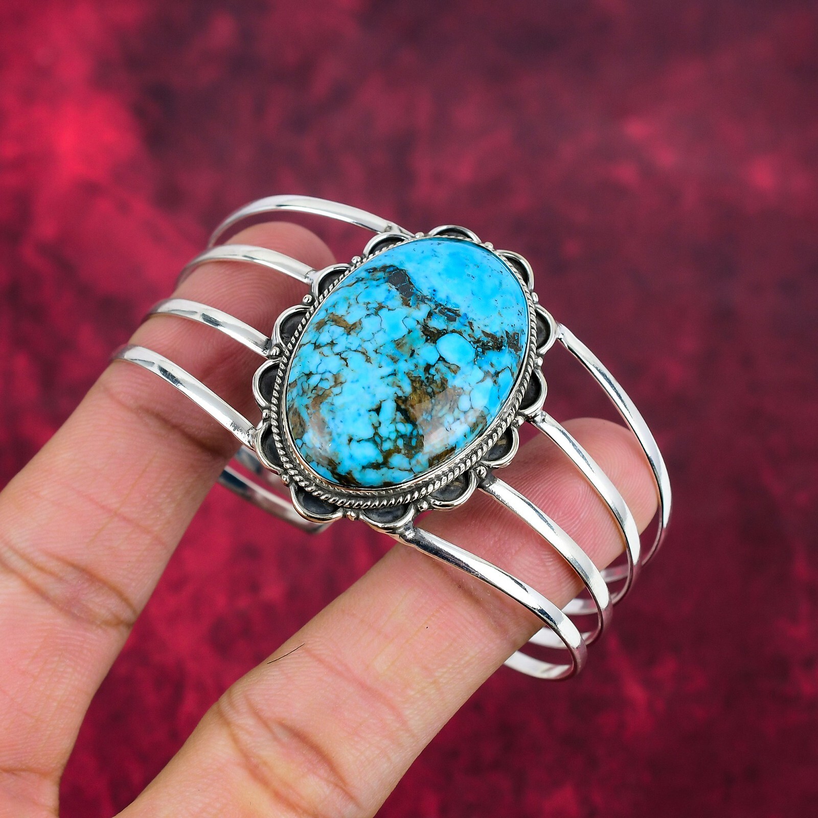 Blue Turquoise Gemstone Handmade 925 Sterling Silver Adjustable Bangle Jewelry