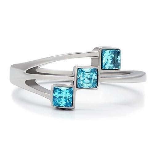 Women’s Ring, Blue Glass, Stainless Steel, Modern Design, Three Stone