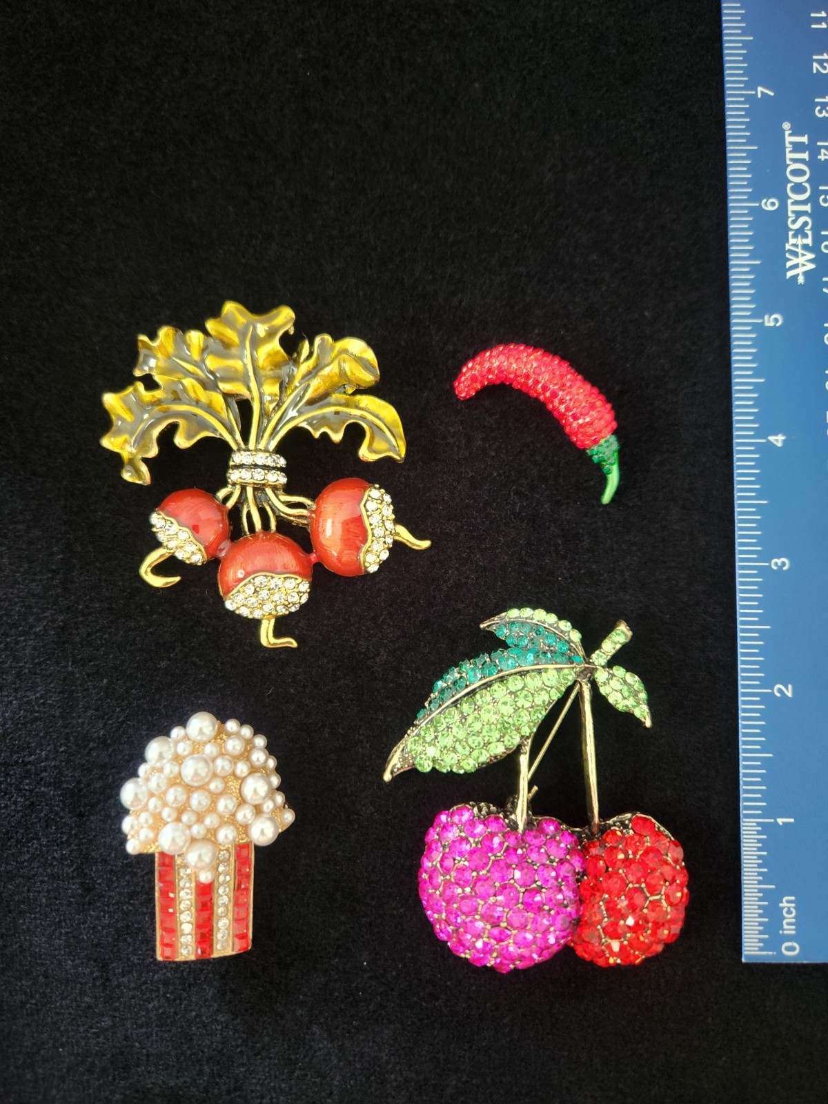 Collection Of Four “Foodie” Brooches Radishes Popcorn Chili Pepper Cherries