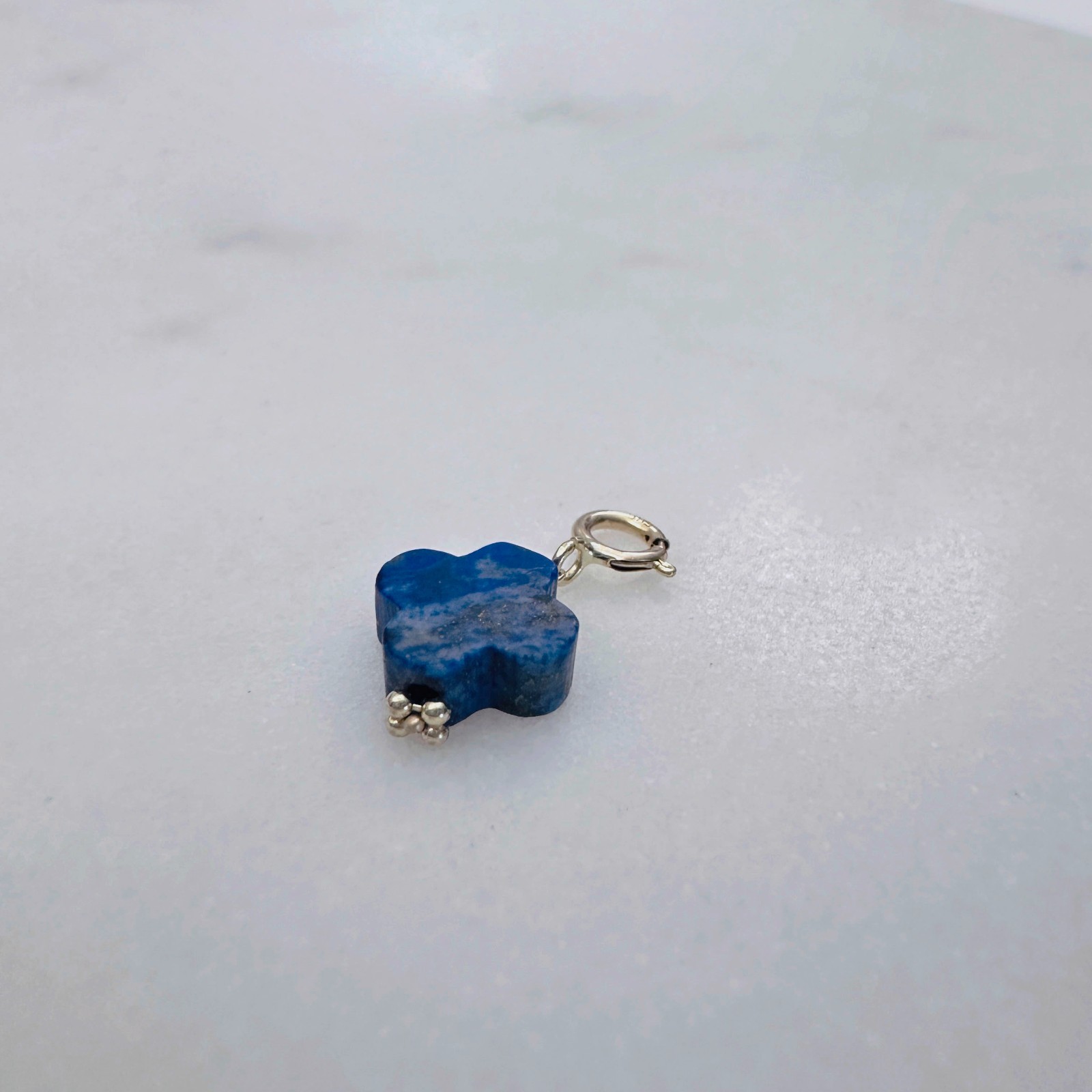 14K Solid Yellow Gold Lapis Lazuli Clover Small Charm Pendant w/Spring Clasp