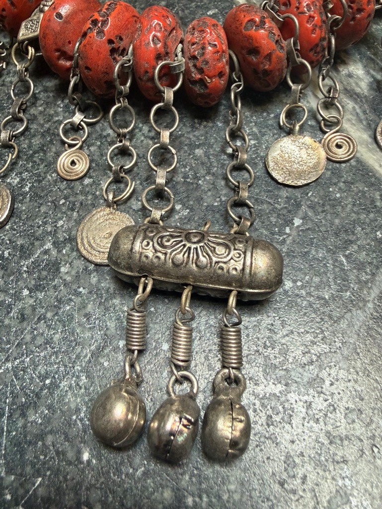 Vintage Morocco Faux Coral Bead and Silver Dangle Necklace