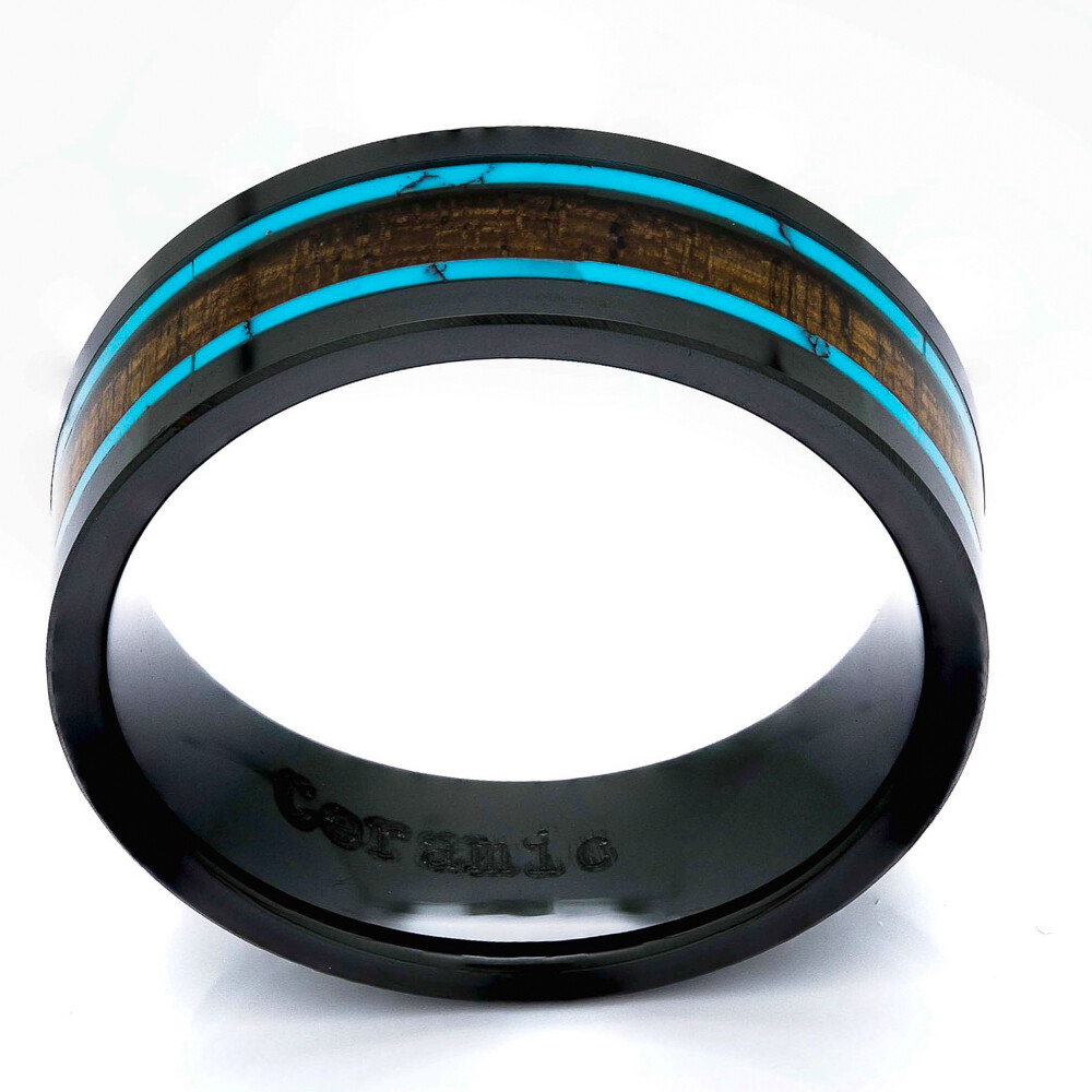 Black Ceramic Wood Ring With Turquoise Inlay, 8mm Comfort Fit Wedding Band