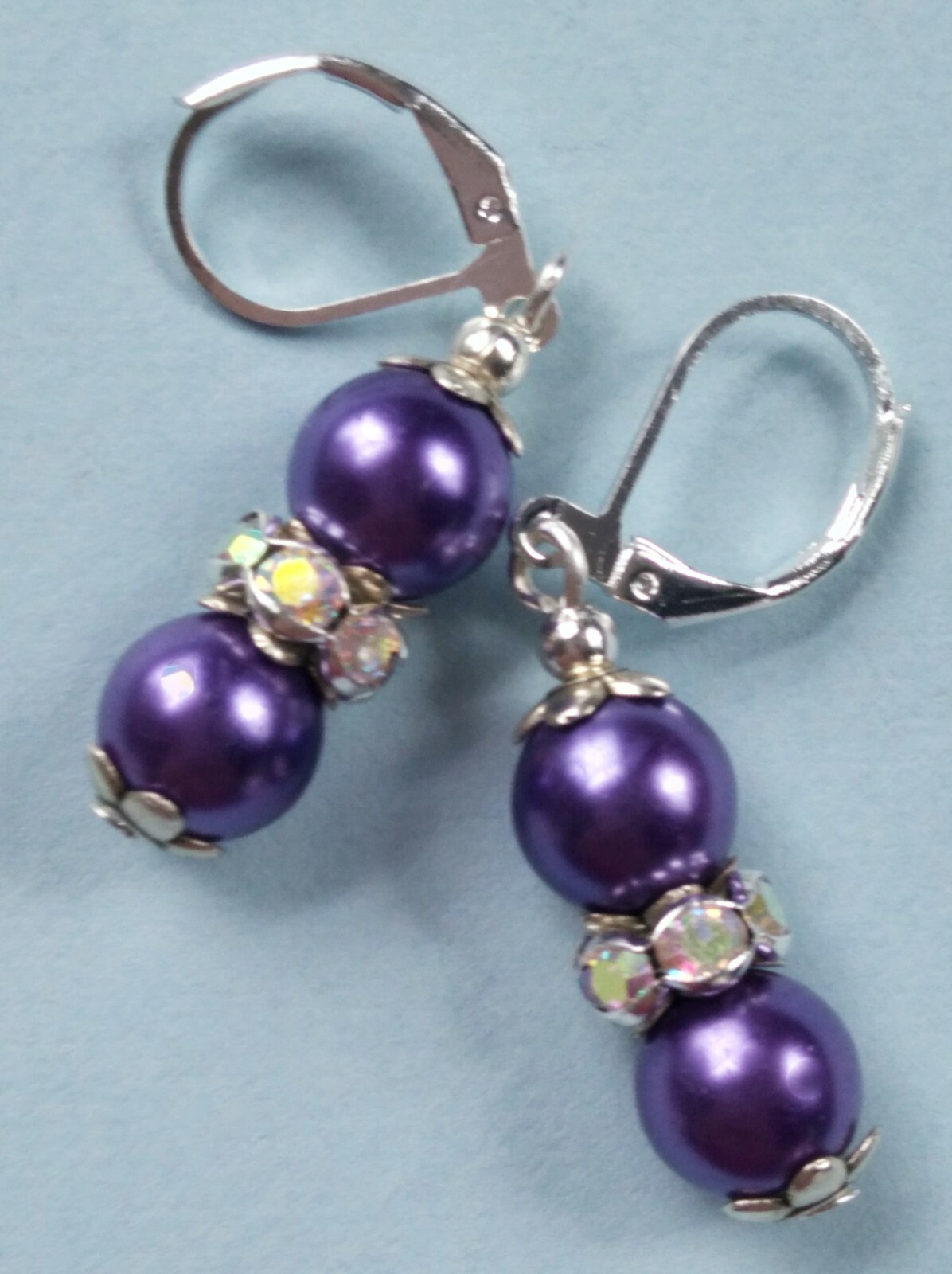 PURPLE GLASS PEARL & Crystal earring SP Leverback handcrafted #400-1