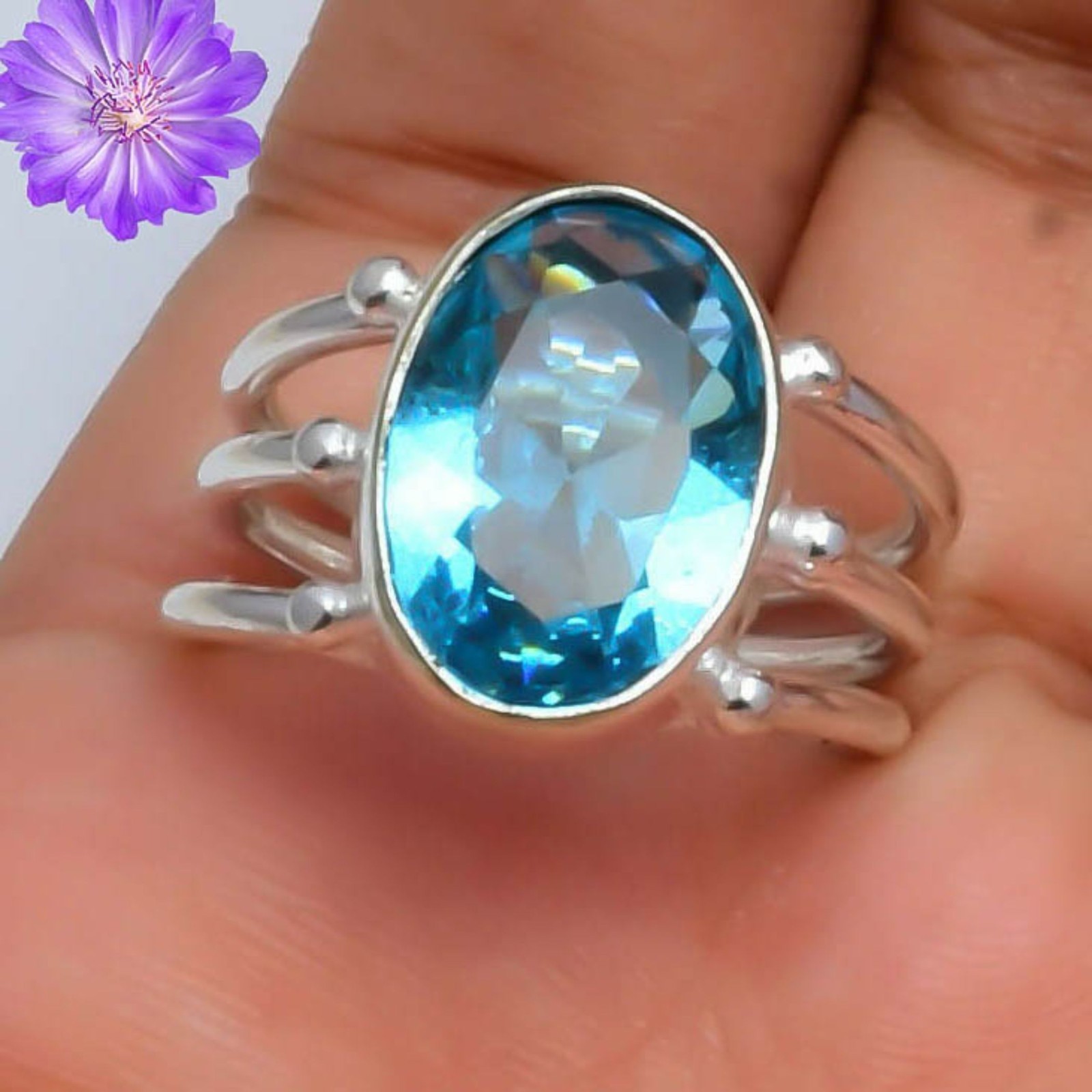 Swiss Blue Topaz Gemstone Handmade 925 Sterling Silver Jewelry Ring All Size