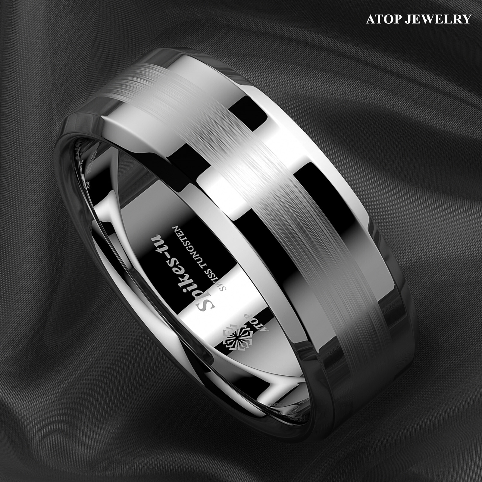 8/6mm Brushed Center Silver Tungsten Carbide ring Wedding Band ATOP Mens Jewelry
