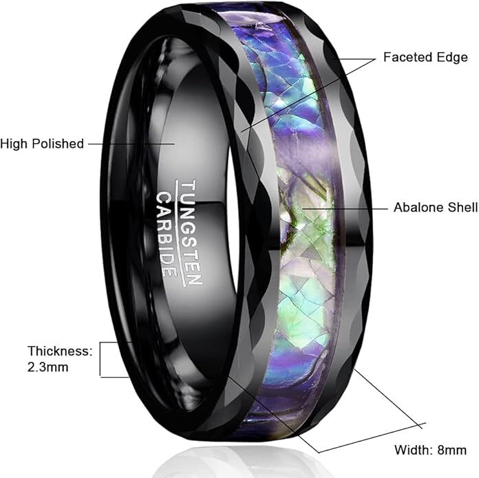 8mm Abalone Shell Men Ring Faceted Tungsten Carbide Wedding Band Comfort Fit