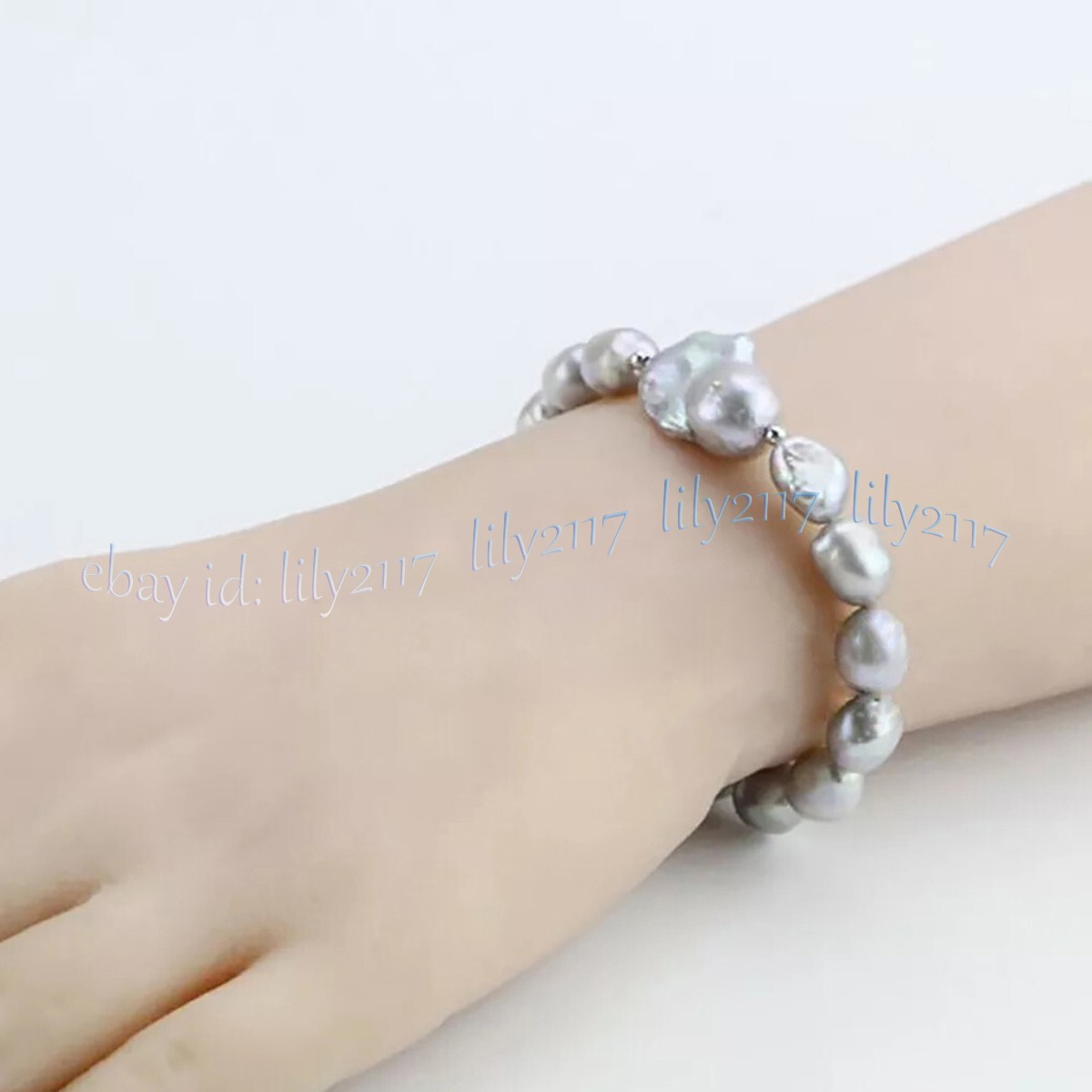 9-10mm Natural Gray Pearl Huge Reborn Keshi Baroque Pearl Elastic Bracelet 8 in