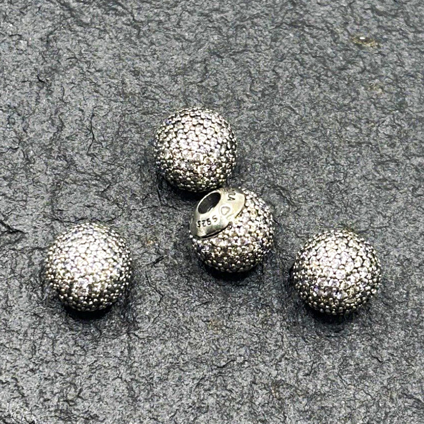 Name Brand S925 ALE Silver Pavé Round Large Hole Charm Beads CZ Lot of 4