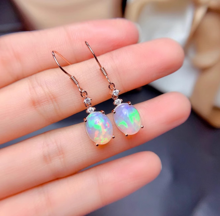 White Fire Opal Drop Earrings Sterling Silver Dainty Minimalist Women Jewelry