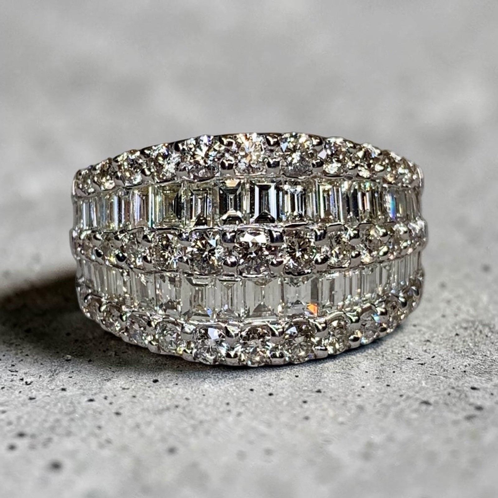 Estate 18K White Gold Baguette & Round Diamond Multi Row Wide Band Cocktail Ring