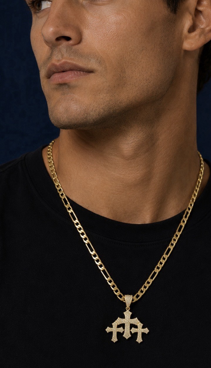 Gold plated top quality none tarnished Curb Chain Triple Cross CZ Pendant