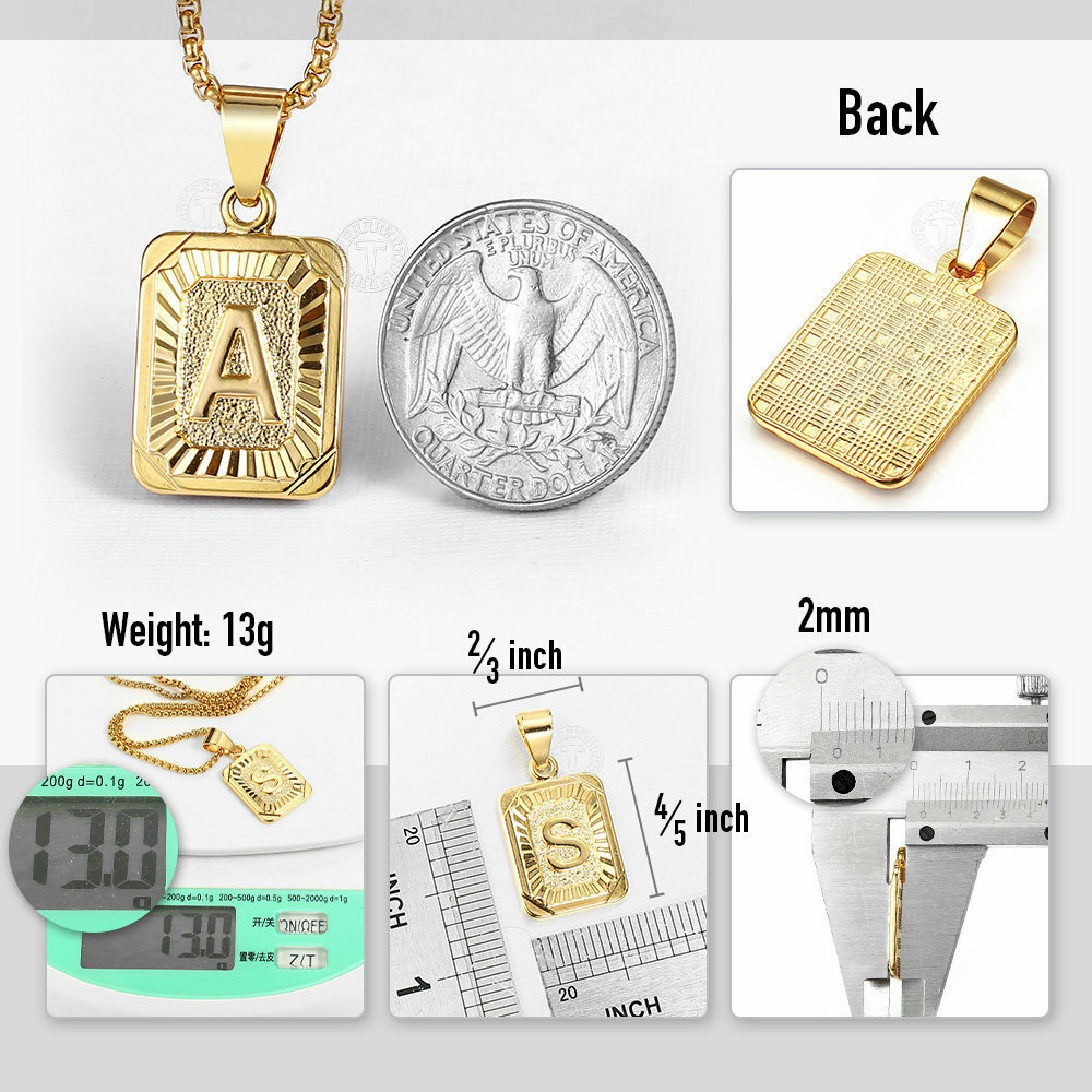 Yellow Gold Plated Stainless Steel Initial Letter A-Z Pendant Necklace Box Chain