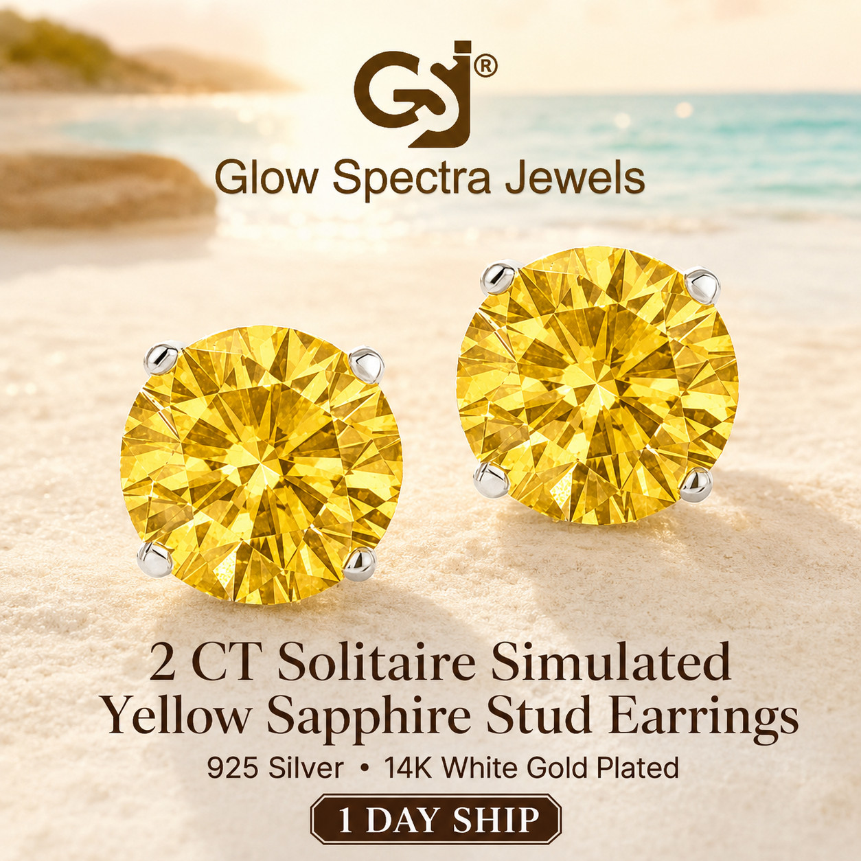 2CT Solitaire Yellow Sapphire Diamond Stud Erring 925Silver 14k WhiteGold Plated