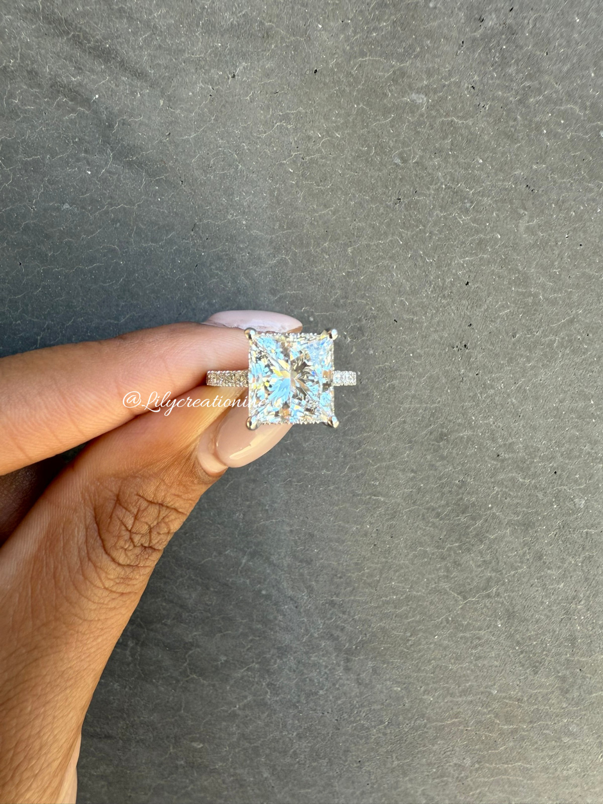 7Ct Princess IGI Certified Lab Grown Diamond Engagement Ring Pave Side Stones