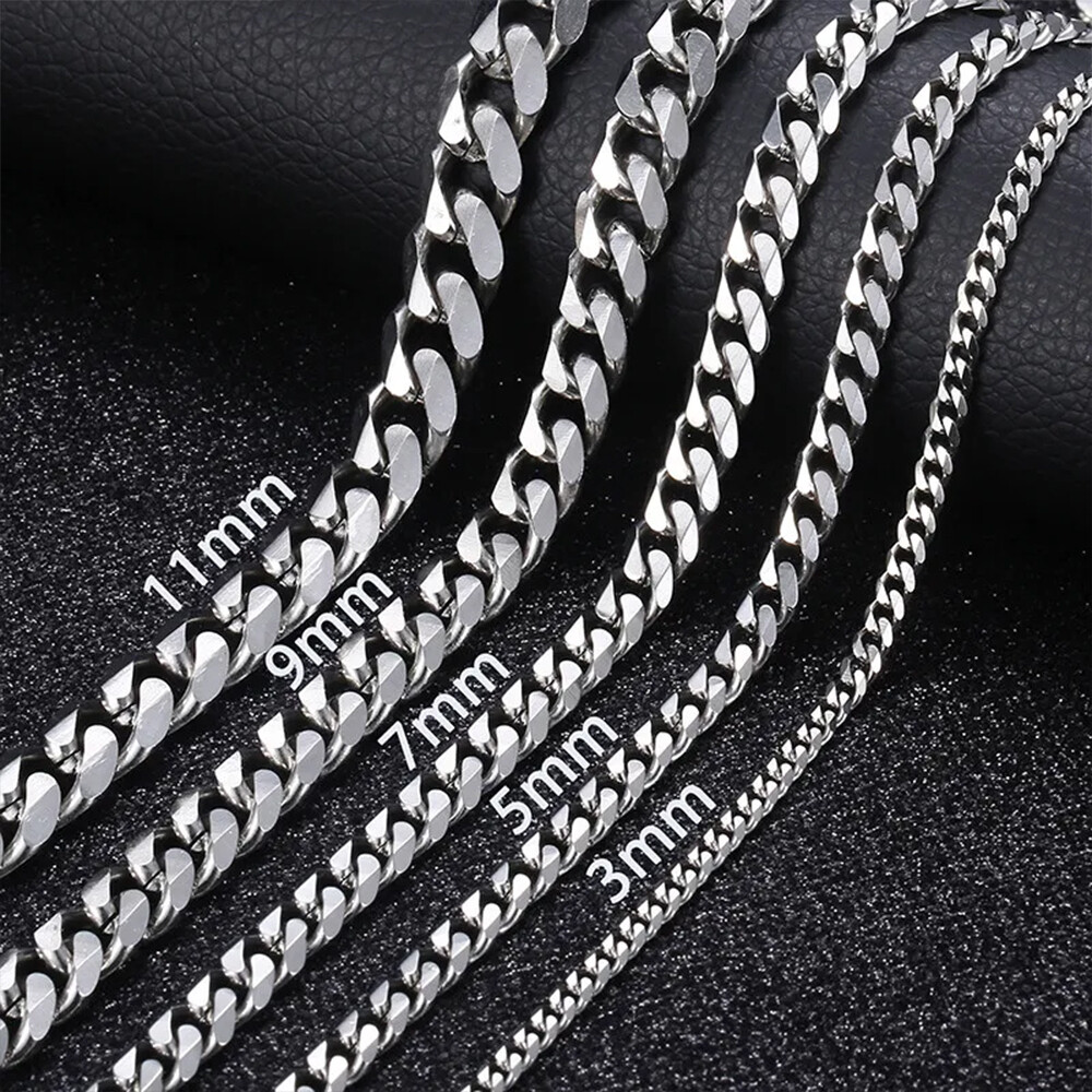 16-30″ Stainless Steel Silver Chain Cuban Curb Necklace 3/5/7/9/11mm Womens Mens