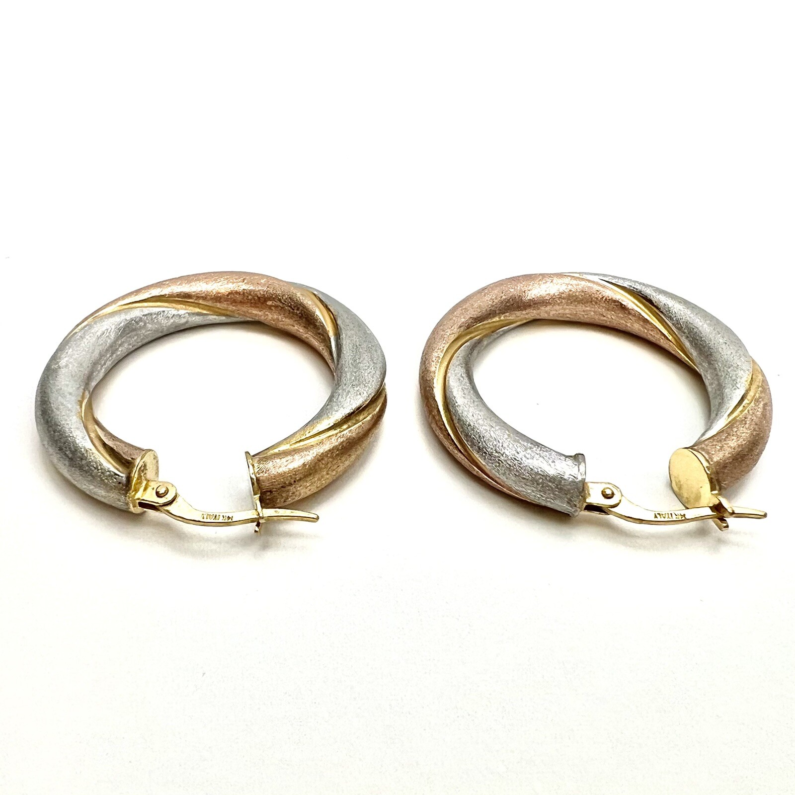 Satin Brushed Texture Hollow 14k Gold Italy Tri Color Hoop Earrings 4.82 Grams