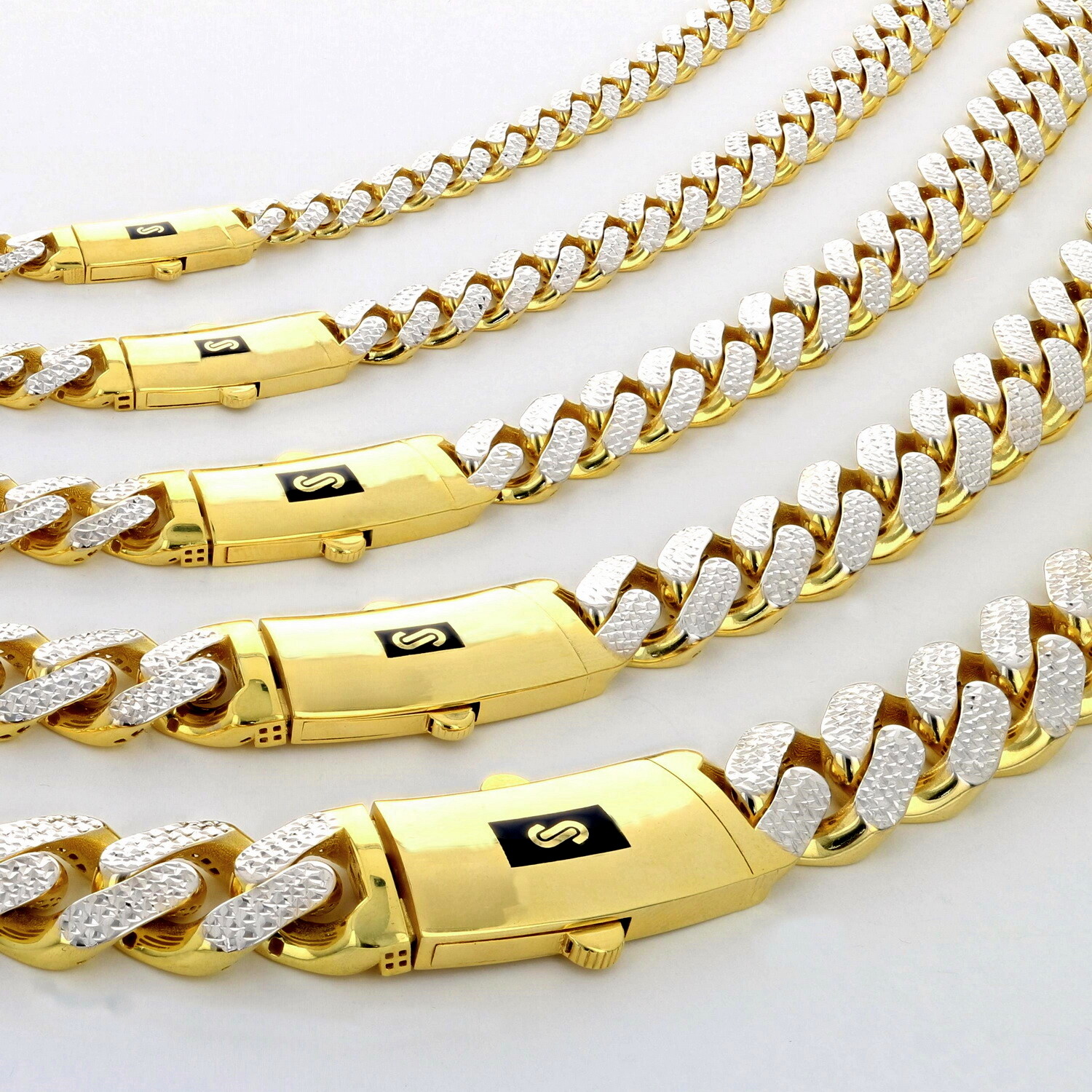 10K Yellow Gold Monaco Miami Cuban Pave Diamond Cut Chain Necklace, 7.5mm- 15mm