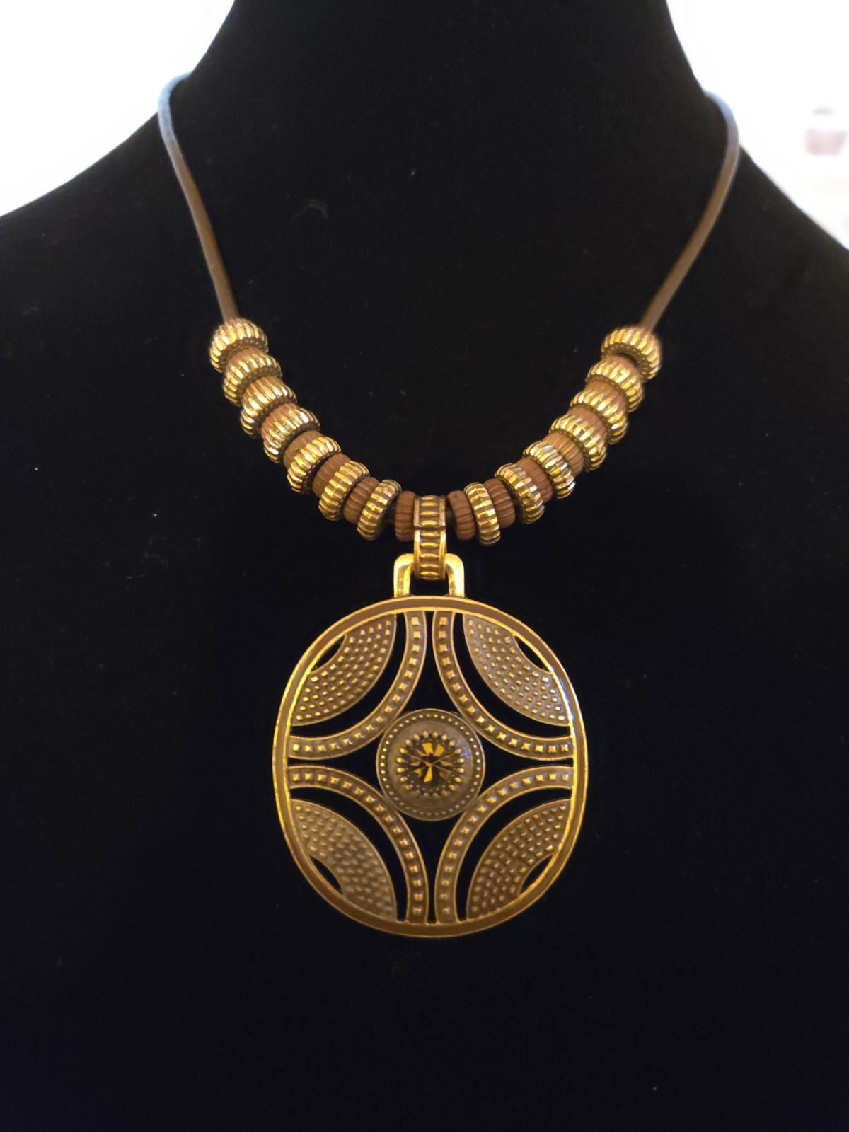 Vintage Bohemian Round Pendant Charm Necklace – 19″ Black Rope Chain