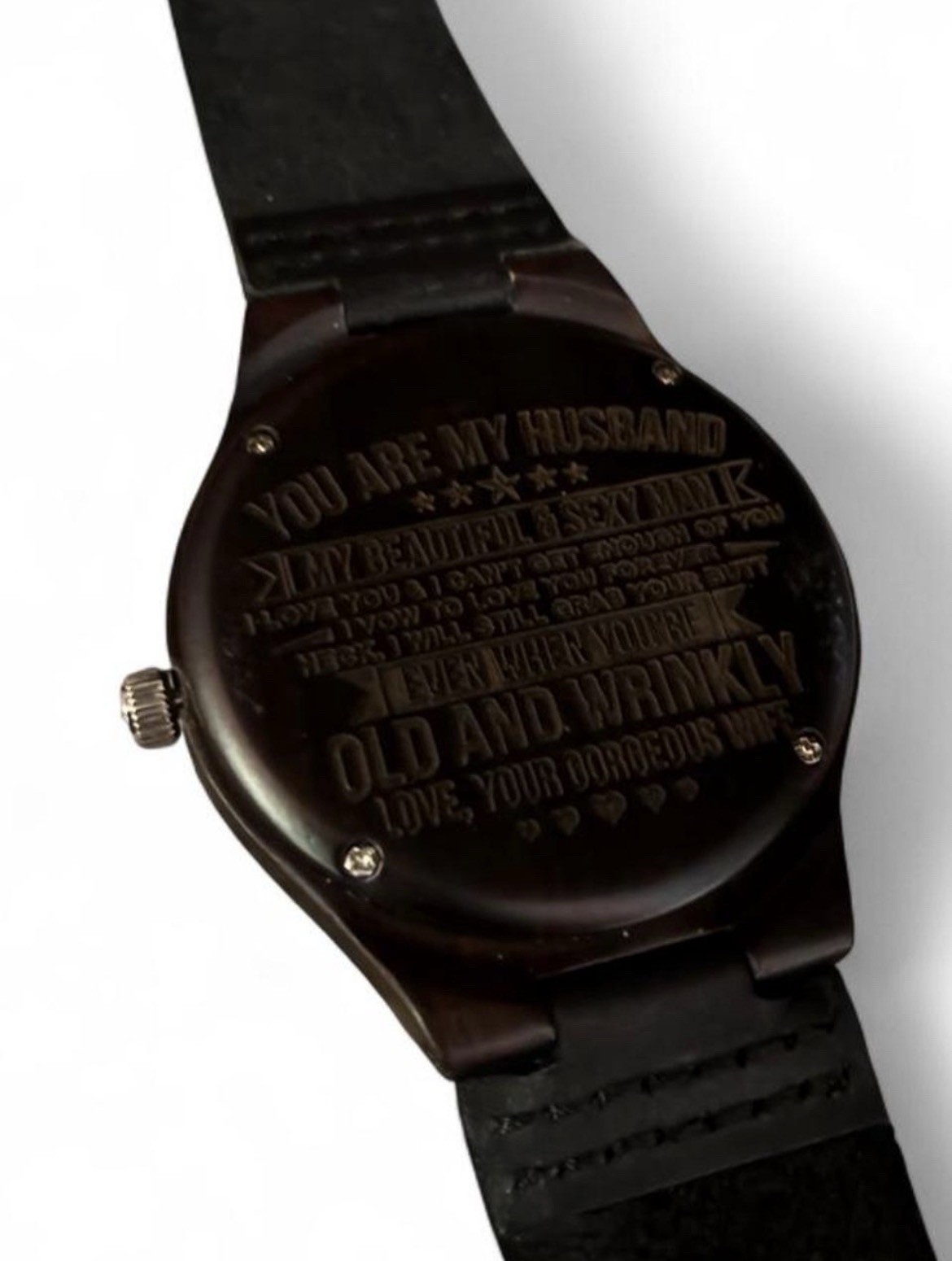 Brown Wood Grain Dial Analog Wristwatch Black Leather Strap Screwback Case