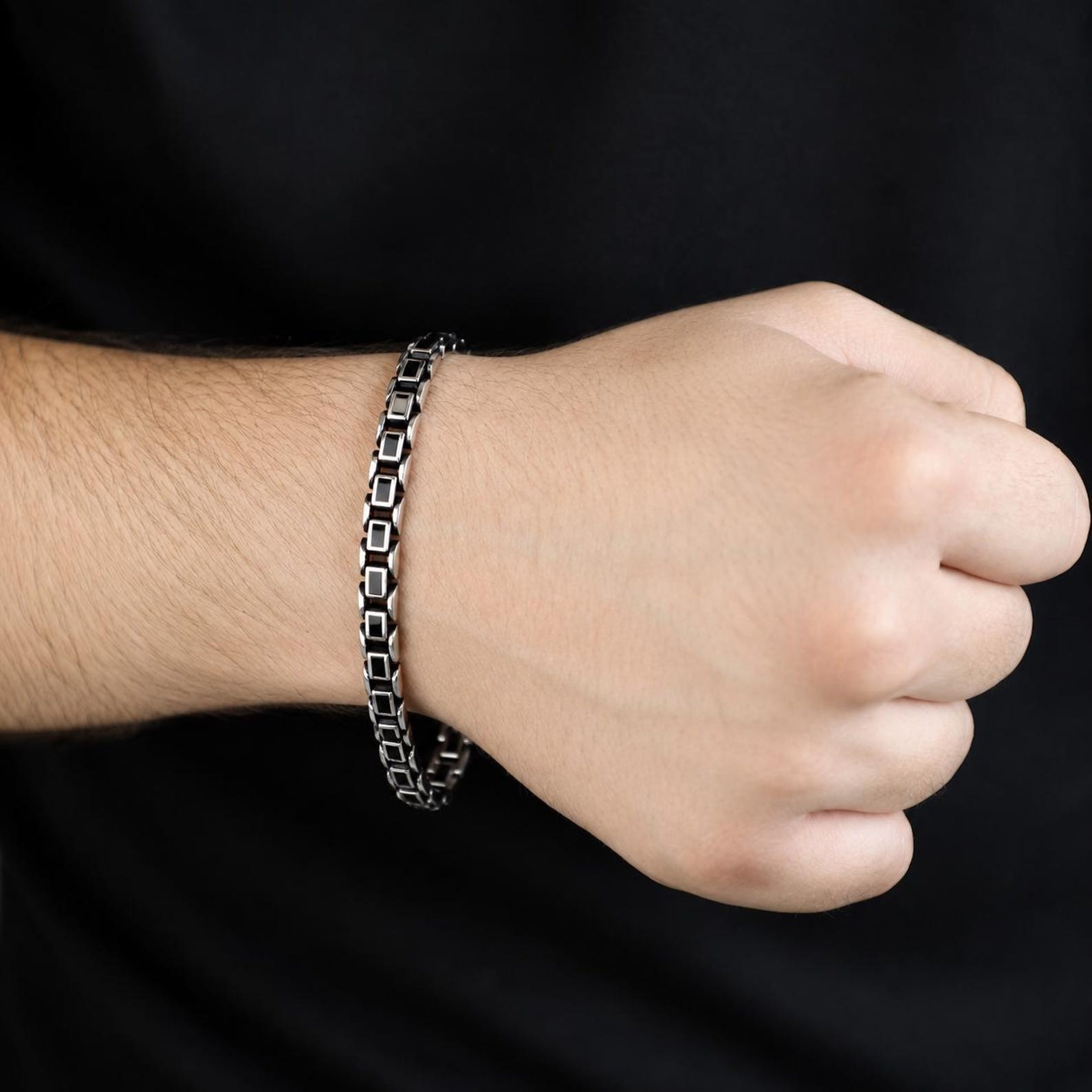Men Silver Black Onyx Chain Bracelet Oxidized Men’s Bracelet