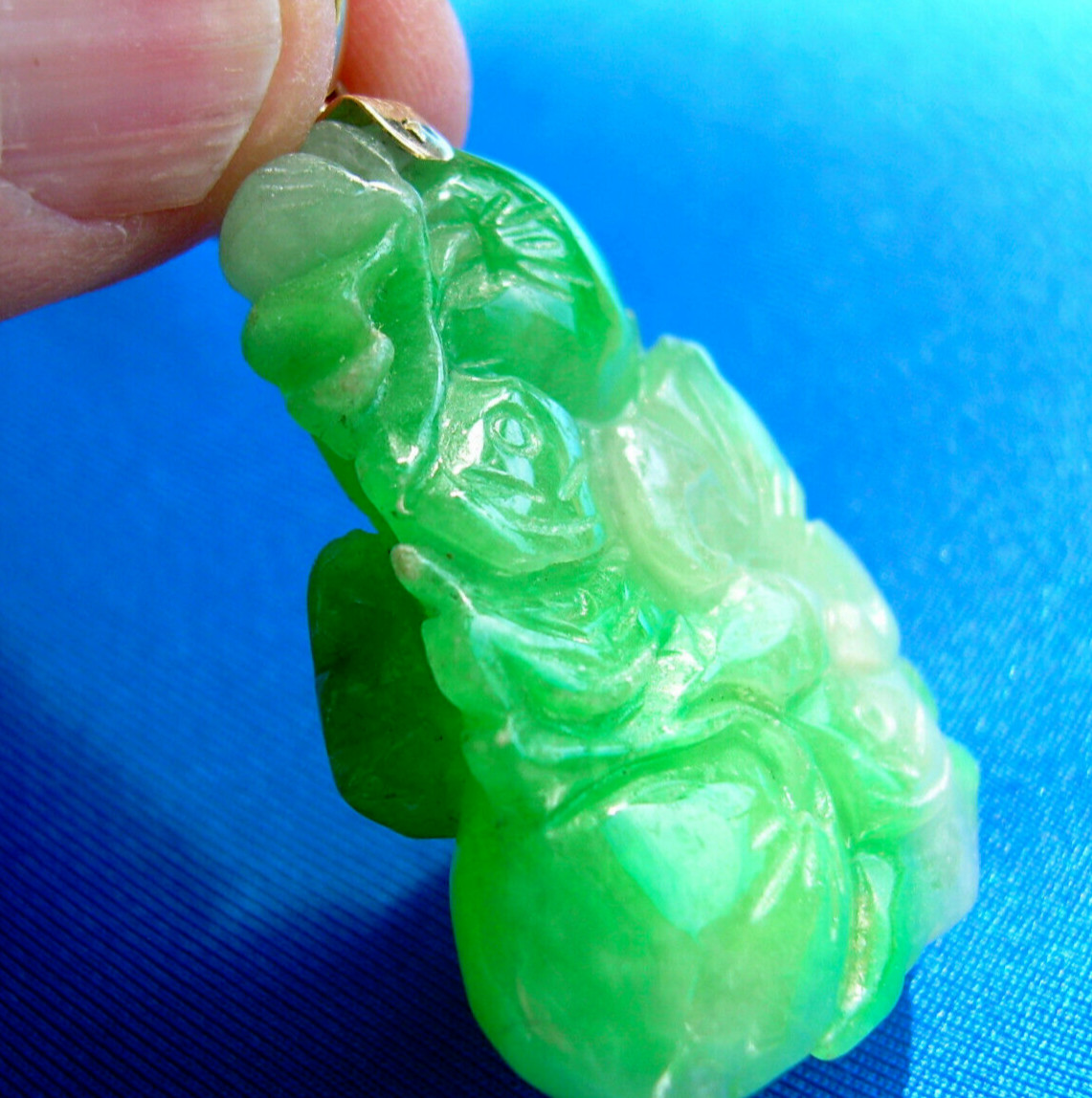 Original EARTH MINED Jadeite Jade Lucky Antique Green Medallion Pendant 18K GOLD