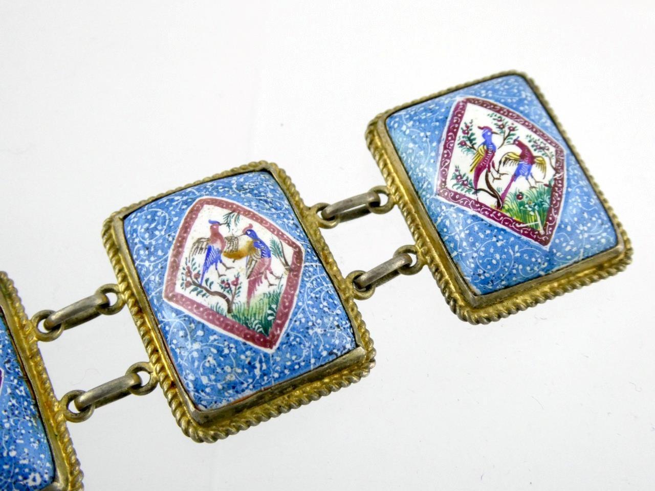 Vintage Sterling Silver Enameled Porcelain Panel Bracelet Bird Designs 6 7/8 In