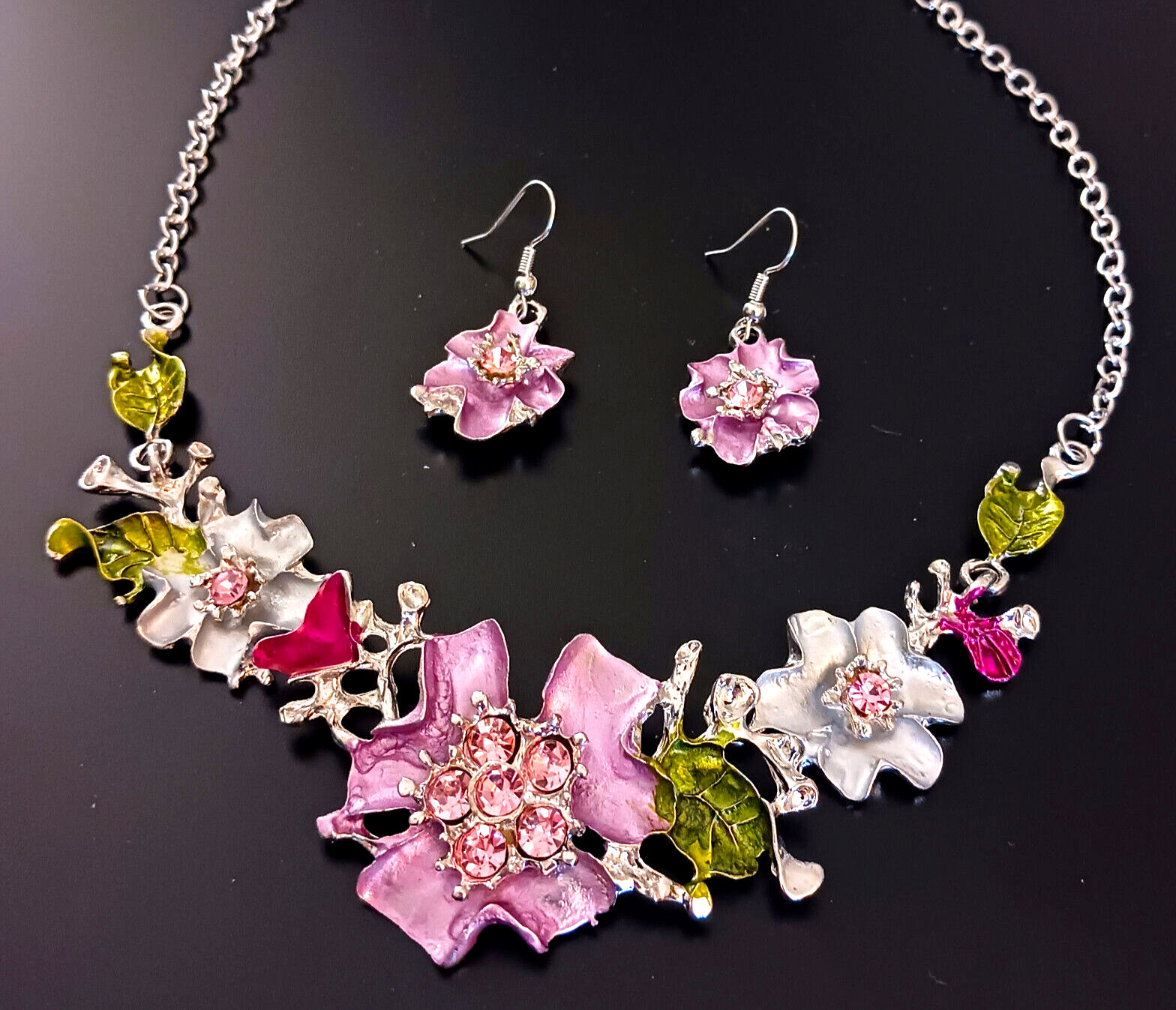 Bouquet Pink FLOWER GARDEN Floral Rhinestone Betsey Johnson Necklace Earring Set