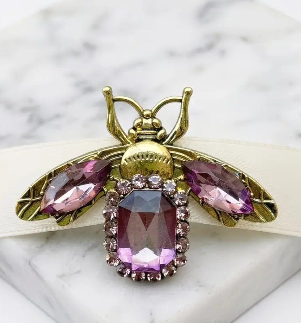 VTG DARK ROYAL PURPLE BEE INSECT BUG BROOCH PIN~RHINESTONE CRYSTAL~GARDENER GIFT
