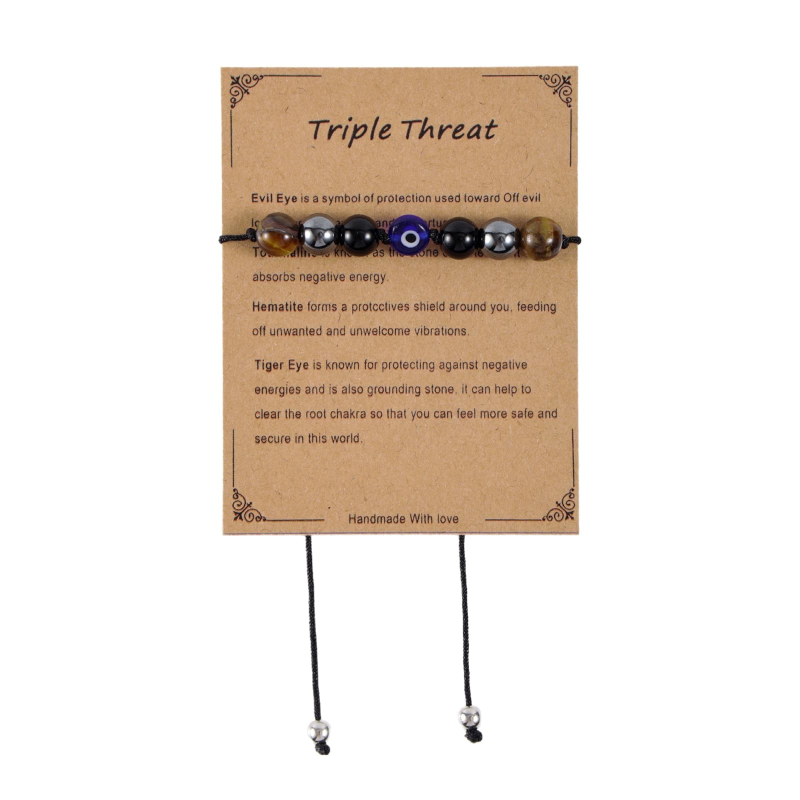 Evil Eye Bracelet, Adjustable Triple Threat Protection Bracelet Natural Stone Go