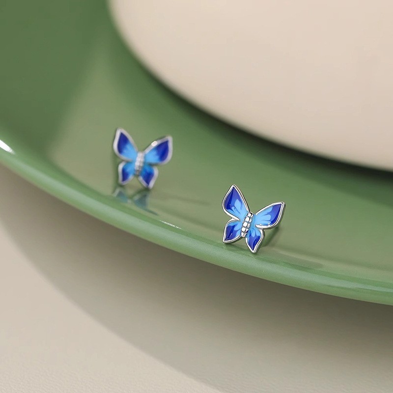 Women 925 Sterling Silver Blue Enamel Butterfly Stud Post Earrings Gift F29