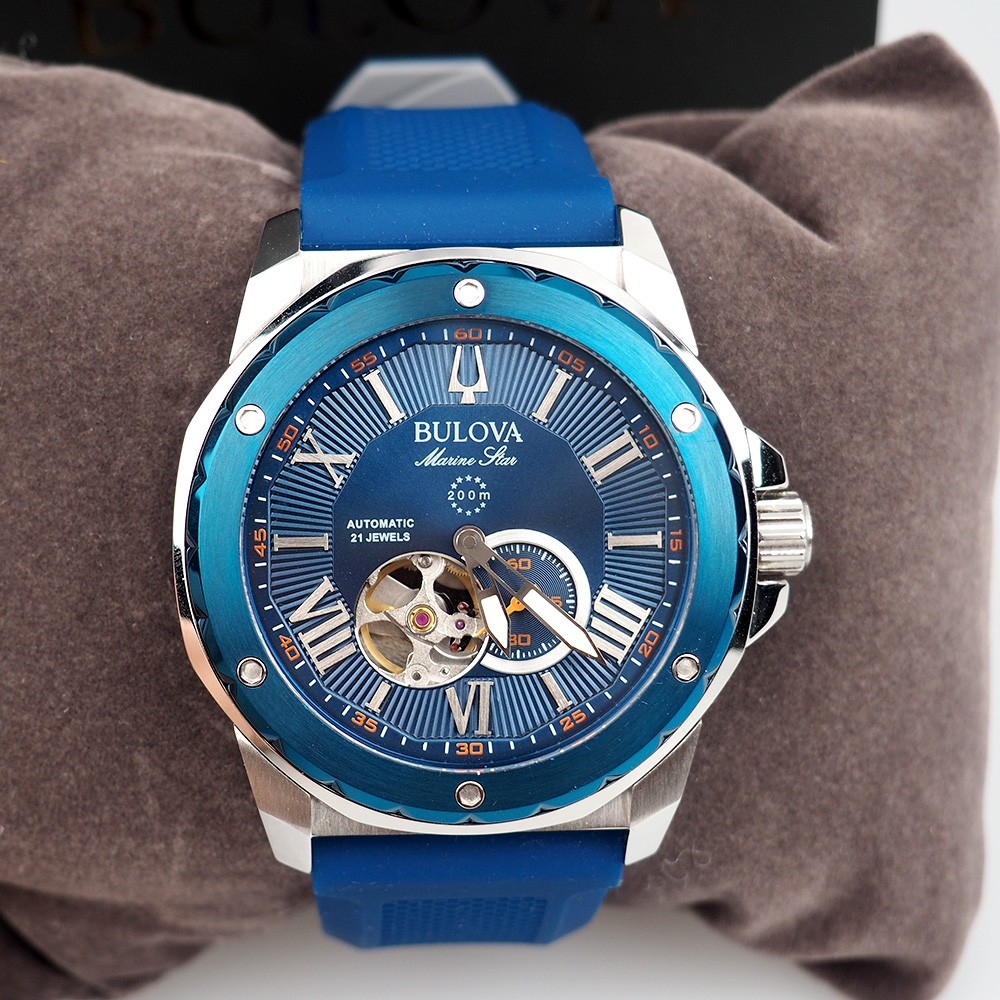 Bulova 98A303 Marine Star Blue Dial Rubber Strap Men’s Automatic Watch 44 mm