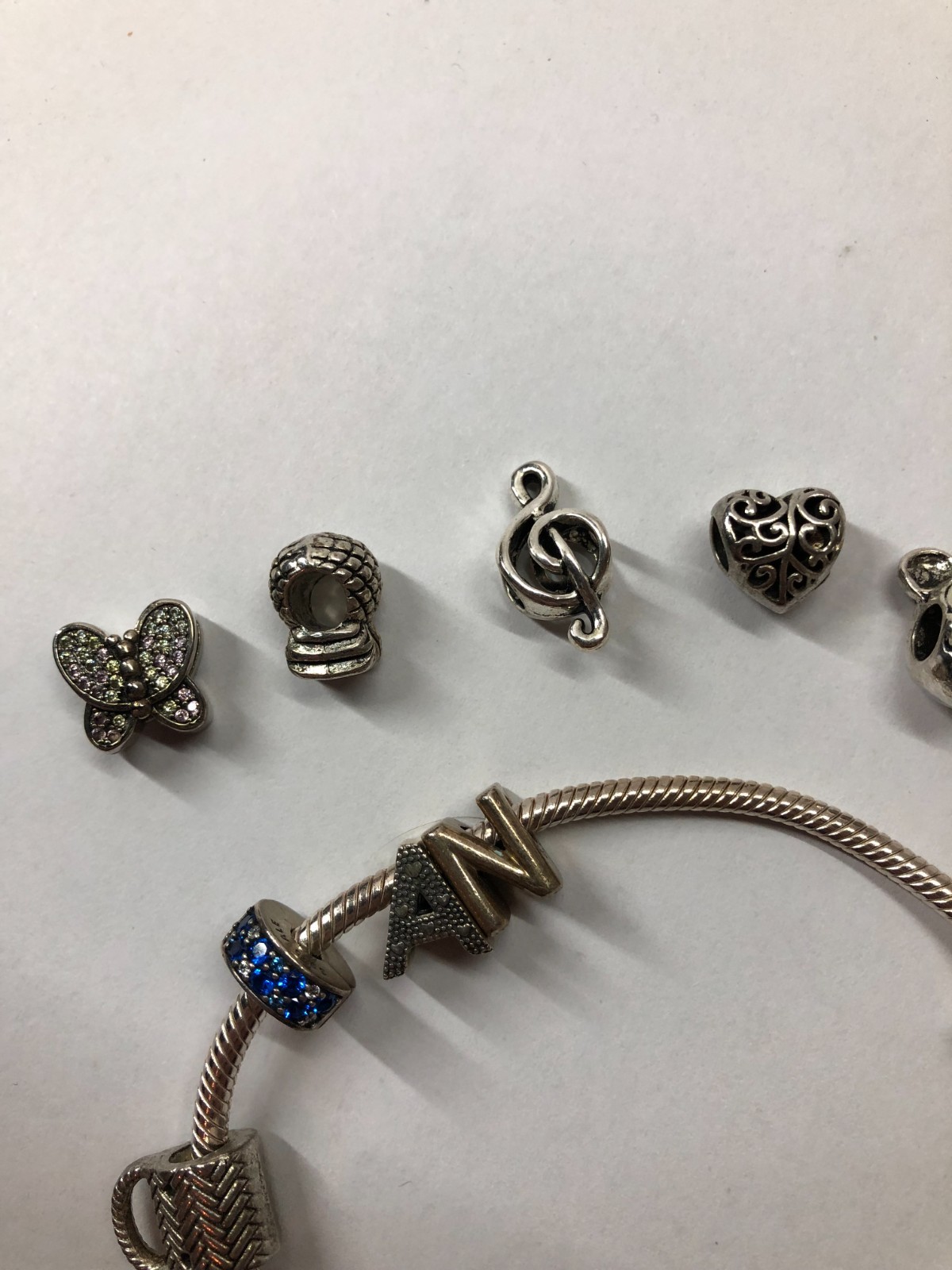 Pandora Snake Chain Slider Bracelet With Various Charms Initials N & A Carry Bag
