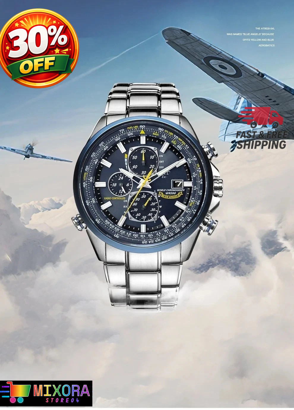 Blue Angels Watch for Men, Pilot Military Aviation Watch, Stainless Steel Bracel