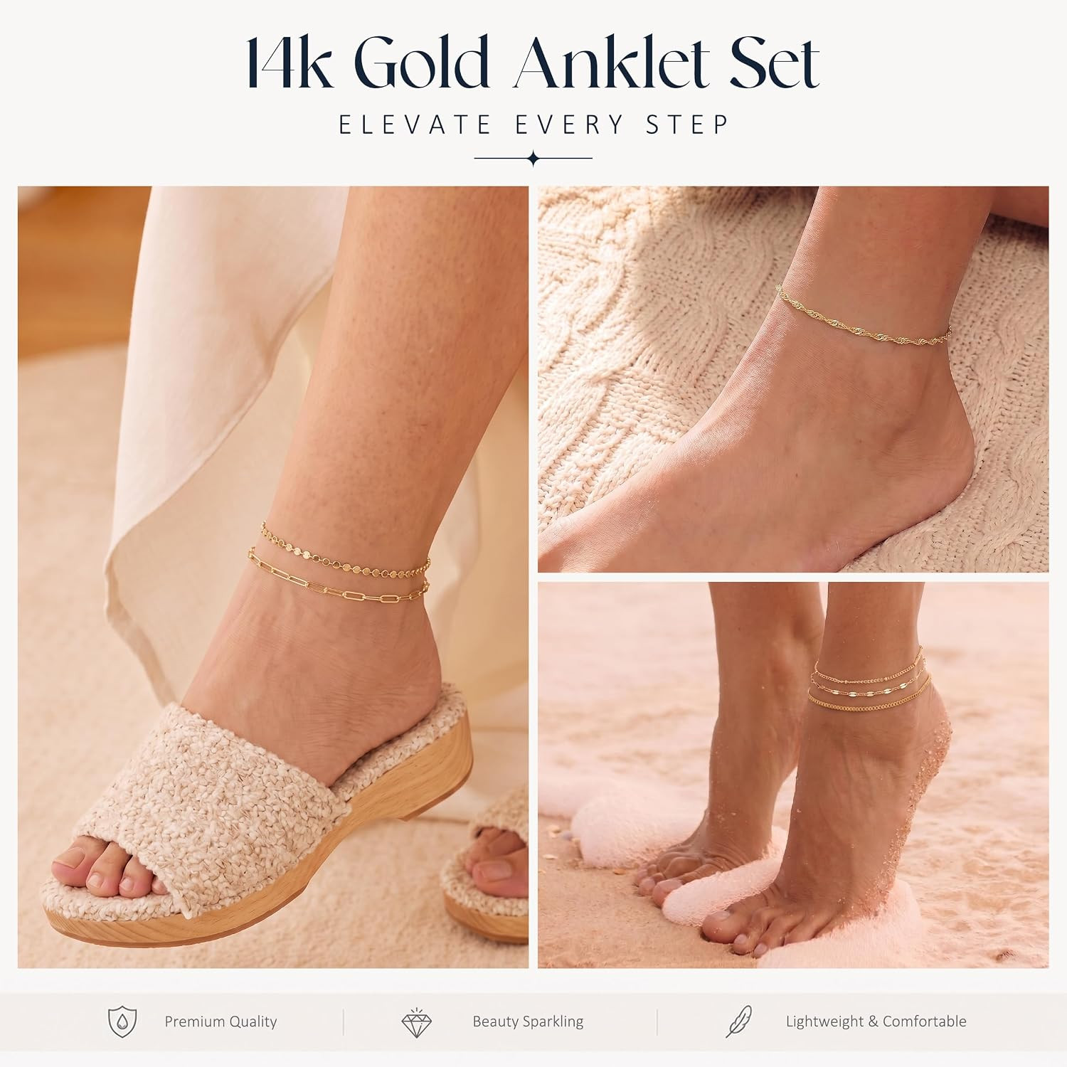 14K Gold Ankle Bracelets for Women, Layered Stackable Anklet Set | 6 Pcs Anklet