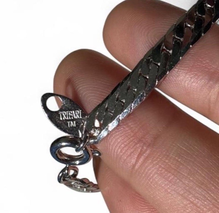 Trifari Signed Silver Tone Herringbone Chain Necklace, Metal, No Stone