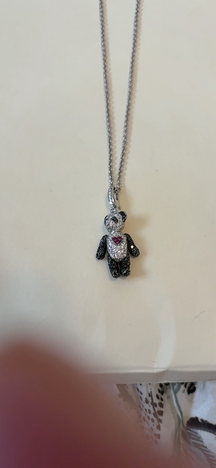 Qeelin 18K White Gold Black Diamond Teddy Bear Charm Necklace 18in Cable