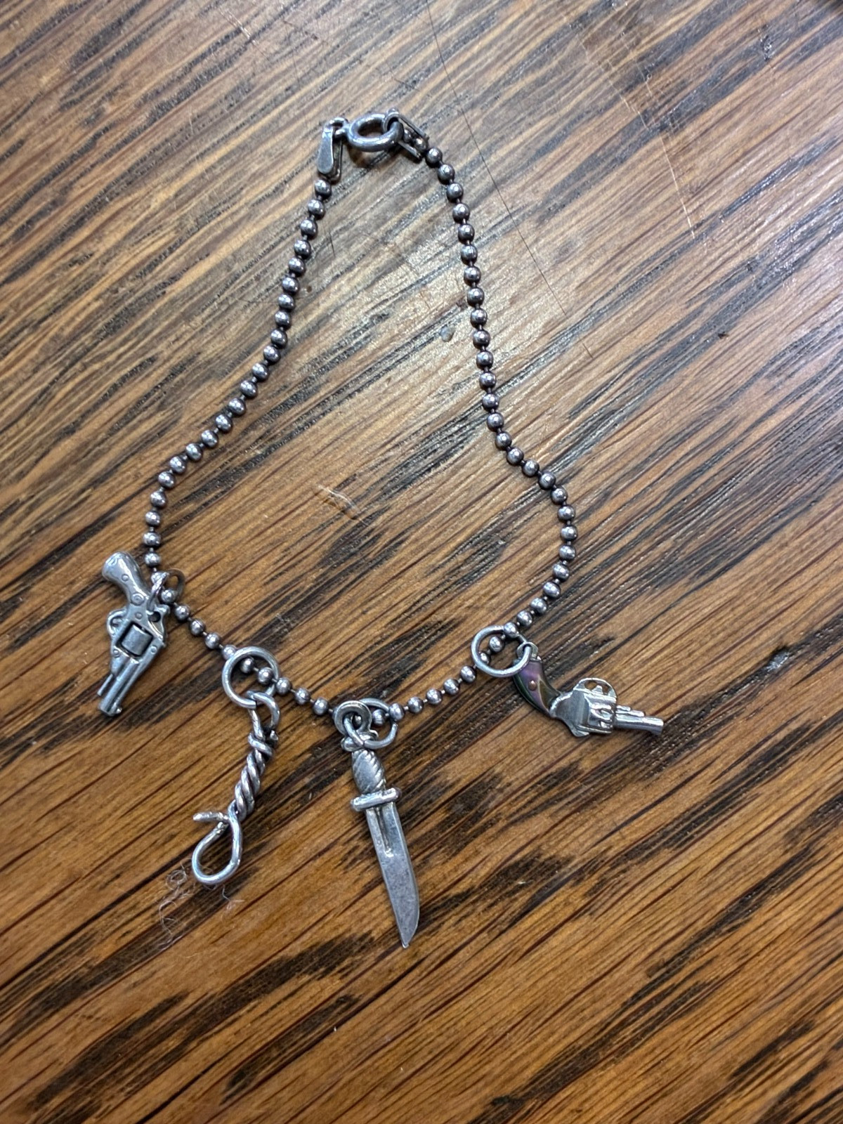 Sterling Silver 925 Italian ball bead link chain bracelet Knife Gun Noose Charms