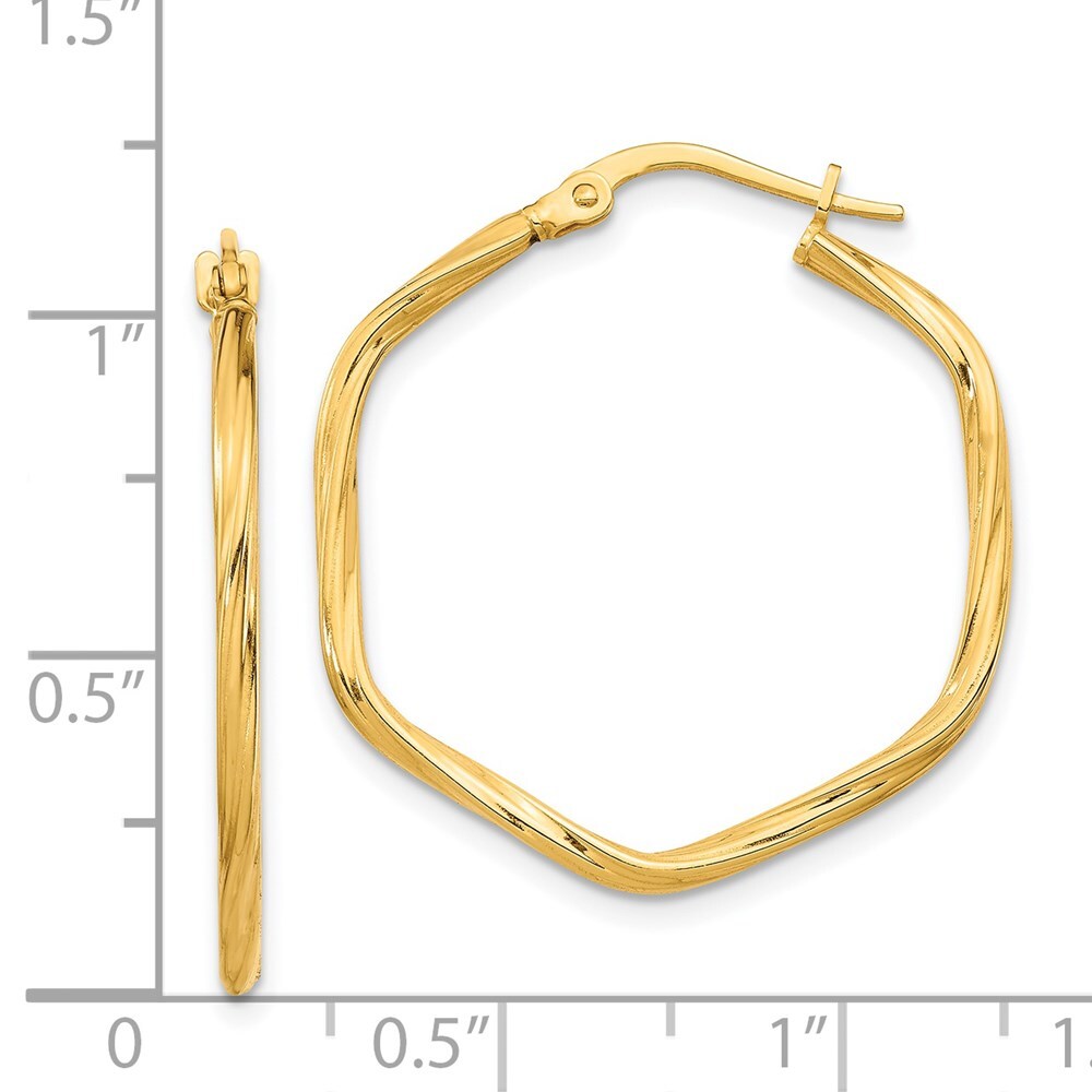 27.92mm 14K Yellow Gold 1x1mm Textured Twist Hexagon Hoop Earrings