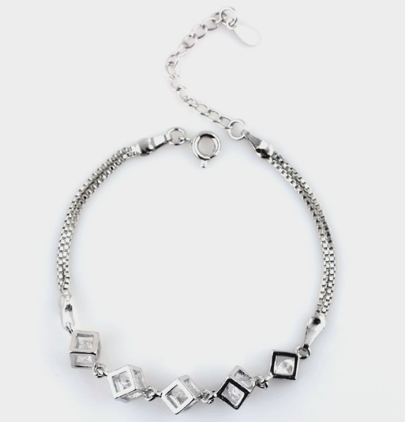 Sparkly Zircon Square Cube Double Box Chain Splice Silver Plated Alloy Bracelet