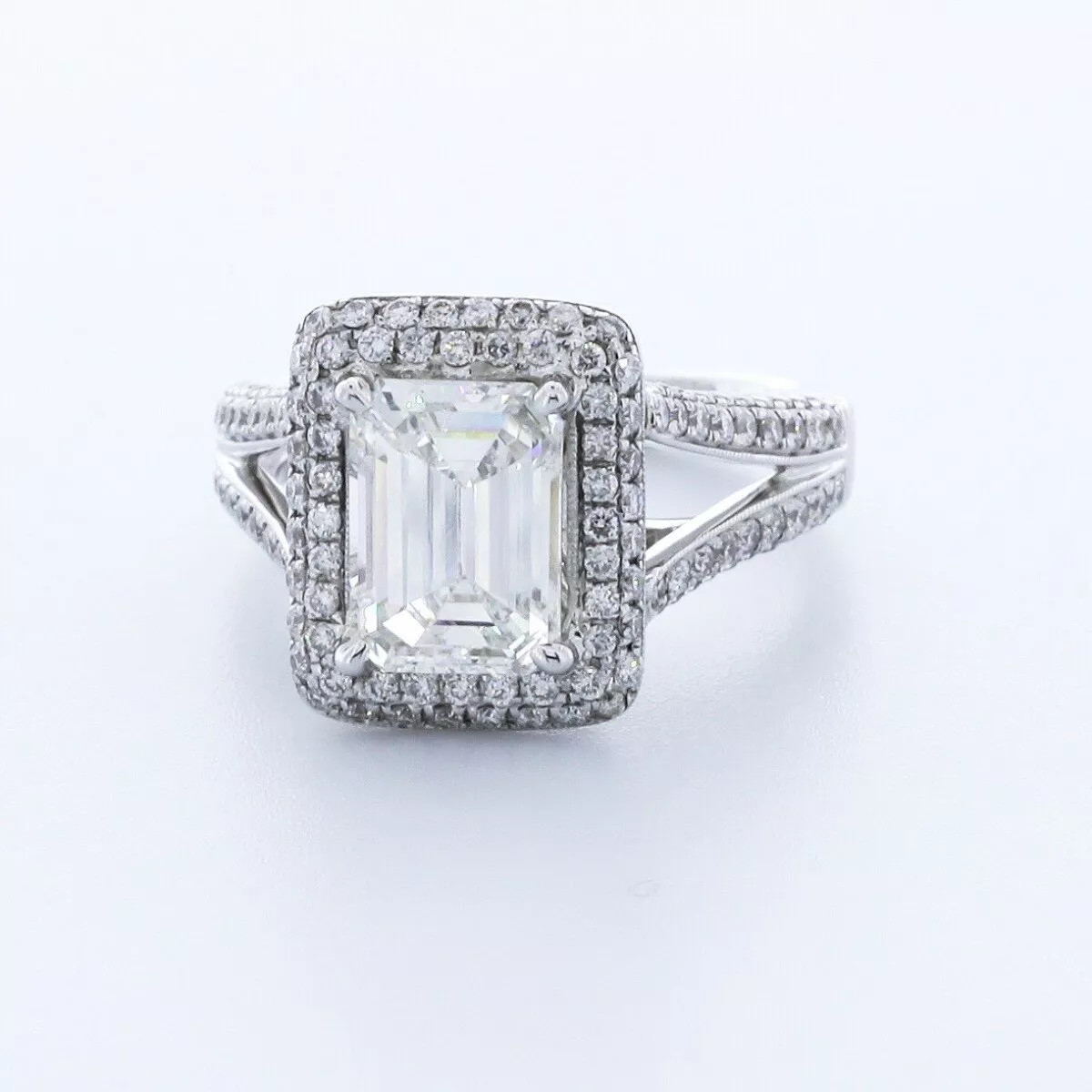 Side Stone Engagement Ring 18K Gold Halo 3.32 CT Emerald Lab-Grown Diamond H VS1
