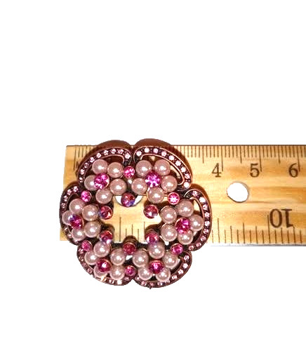 Flower Brooch Pin Gold Tone Pink Rhinestone Faux Pearl Round Costume Jewelry
