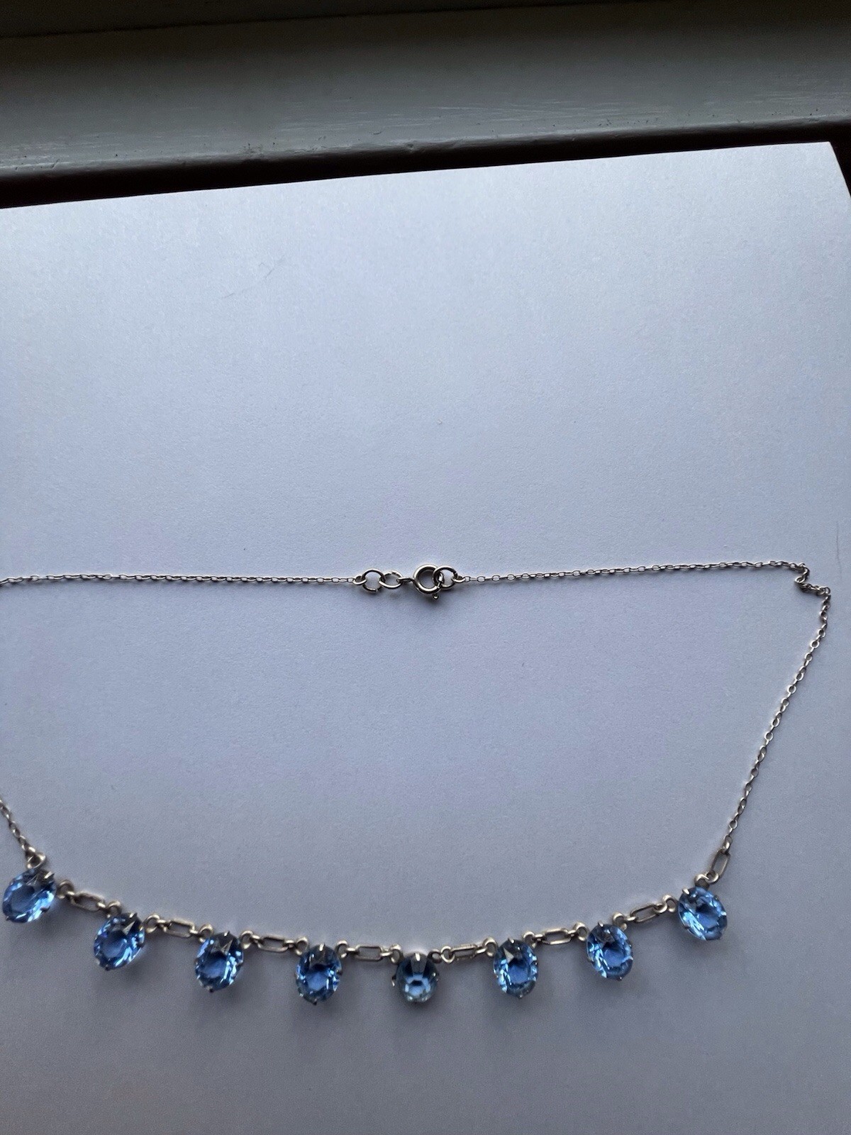 Antique Art Deco Sterling Silver Bezel Set Blue Crystal Necklace 17 Inches