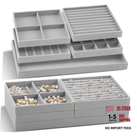 Cinnvoice Set of Stackable Jewelry Organizer Trays for Drawer 14 Inch 10 Gray
