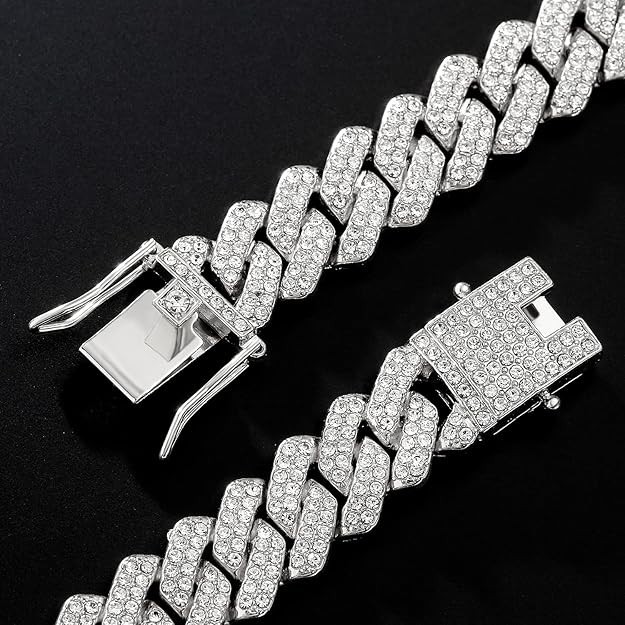 Cuban Link Chain Mens Iced Out Miami Cuban Necklace Silver Bling Diamond 20 Inch