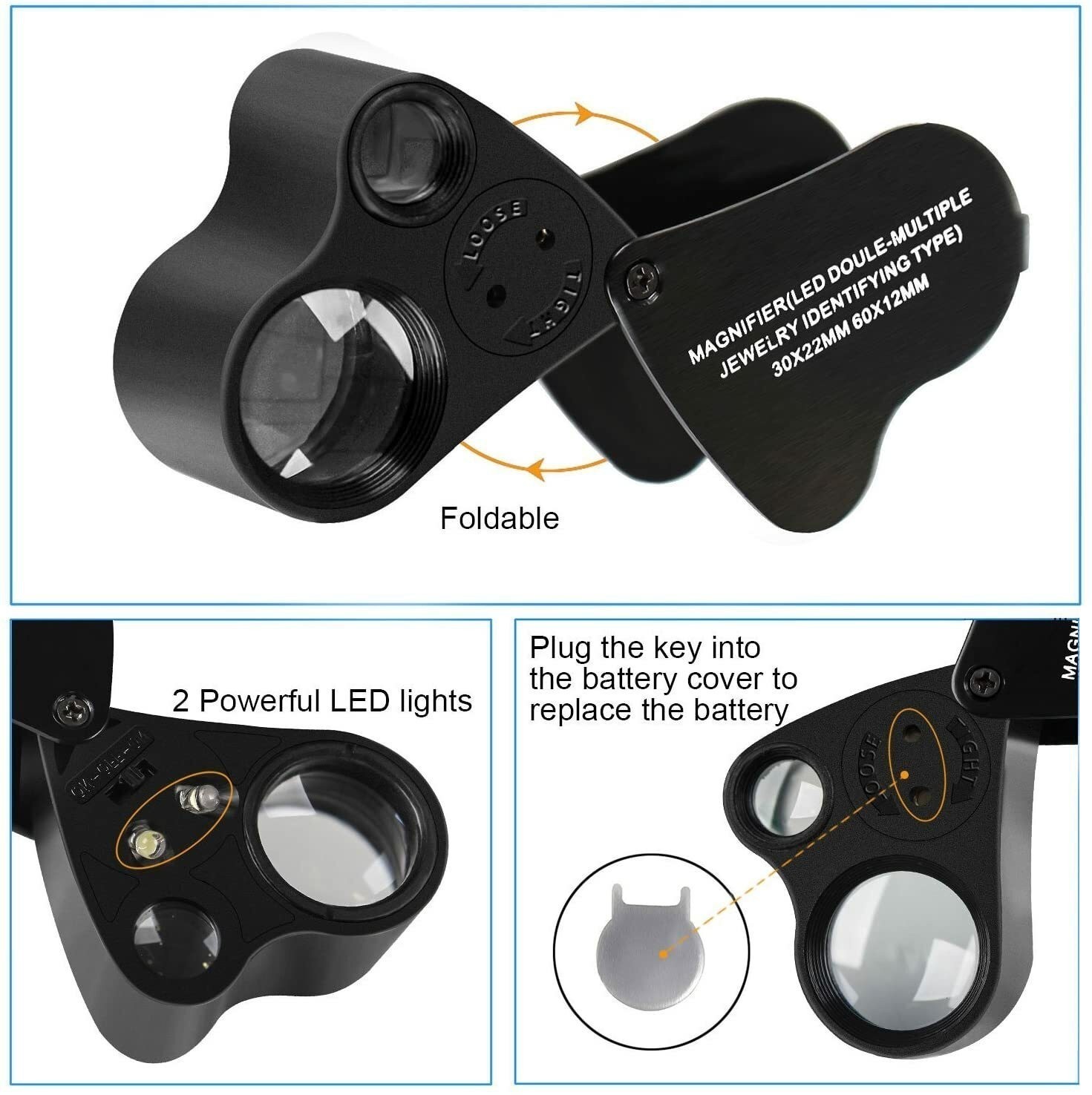 Jewelers Eye Loupe 30X 60X Illuminated Foldable Magnifier Bright LED Light Gold